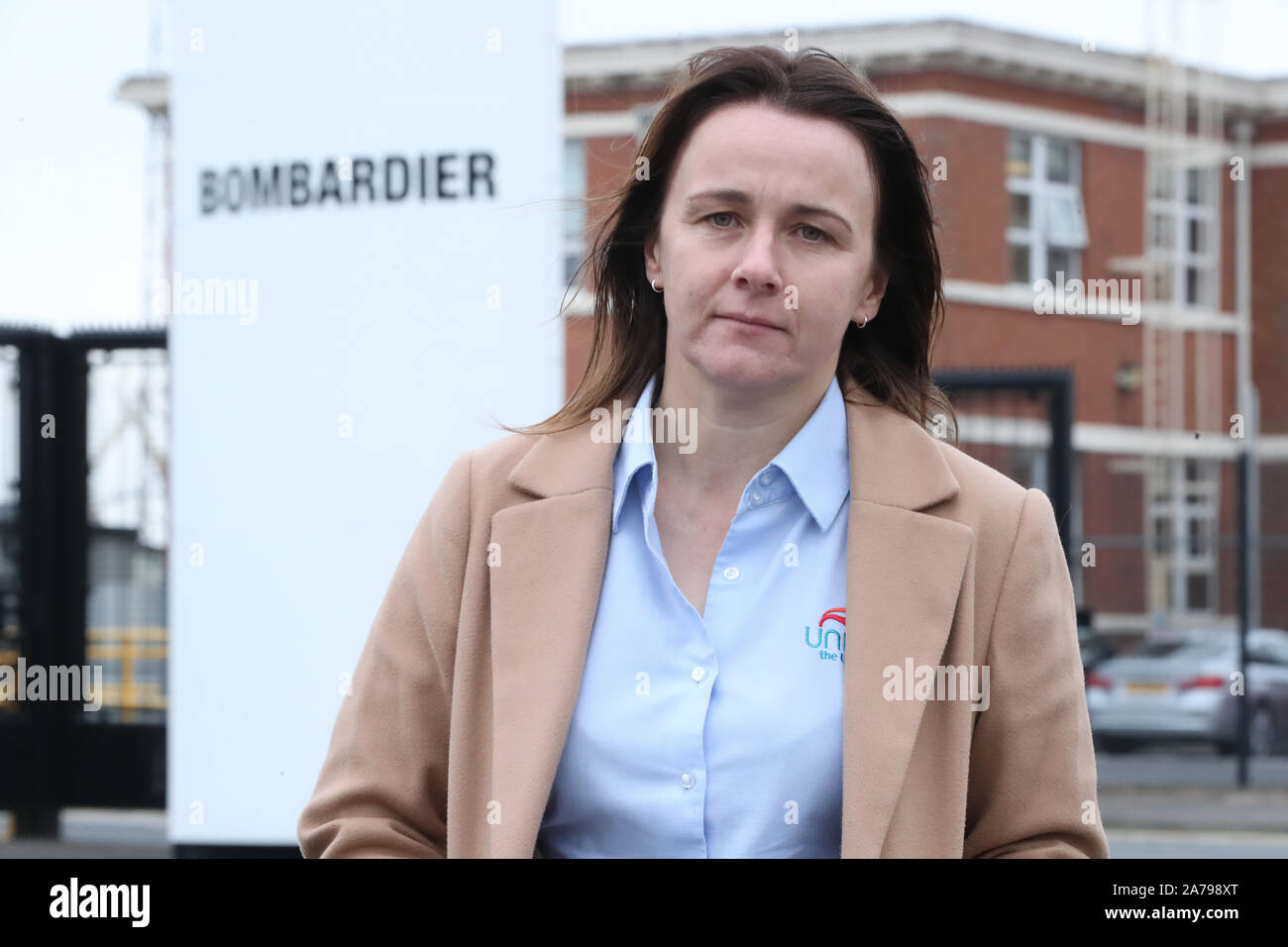 Susan Fitzgerald, Unite regional coordinating officer, outside the Bombardier factory in Belfast which has been sold to US firm Spirit AeroSystems. Stock Photo