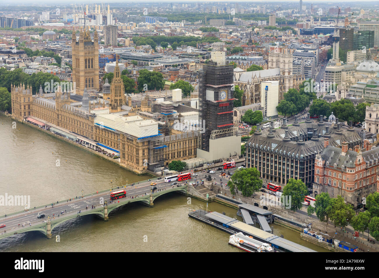 Aerial view, Houses of Parliament, Big Ben the Elizabeth Tower and the Thames, Westminster from above, London, UK Stock Photo