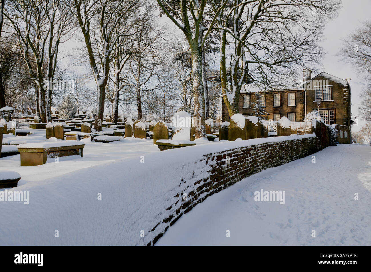 Snow on Haworth Parsonage Museum, Bronte country, Haworth Stock Photo ...