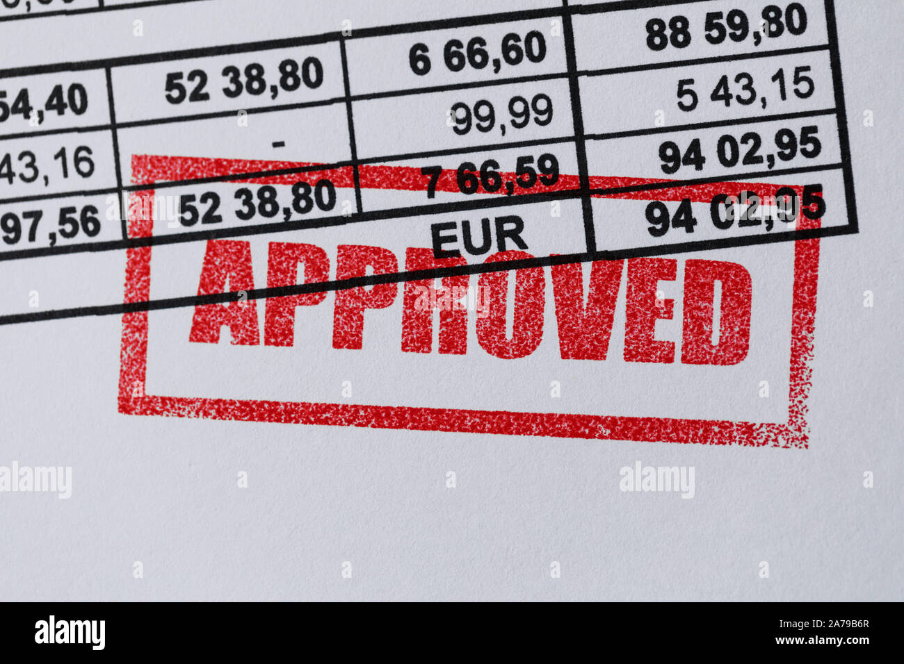 tender acceptance - approved stamp on financial bill Stock Photo