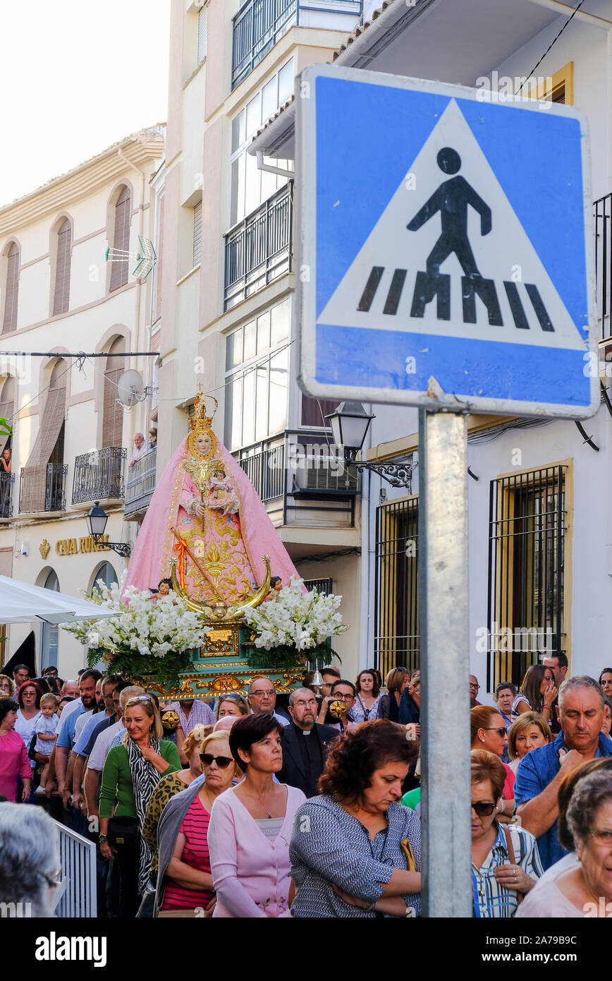 Annual festival parade of Maria de Santissima, Virgen del Castillo, Carcabuey, Cordoba Province, Andalucia, Spain Stock Photo