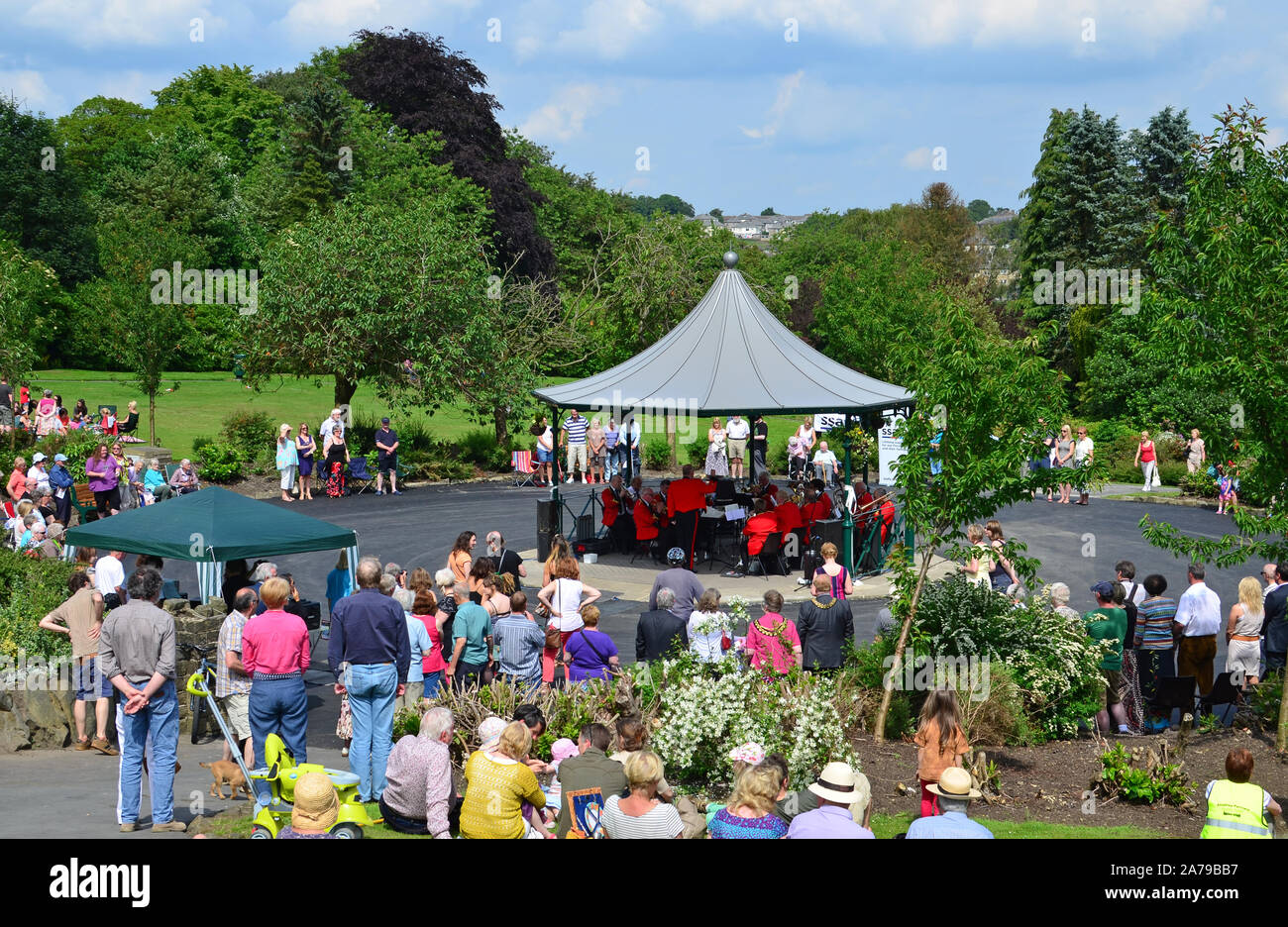 Brass band concert , Haworth Central Park, Yorkshire Stock Photo