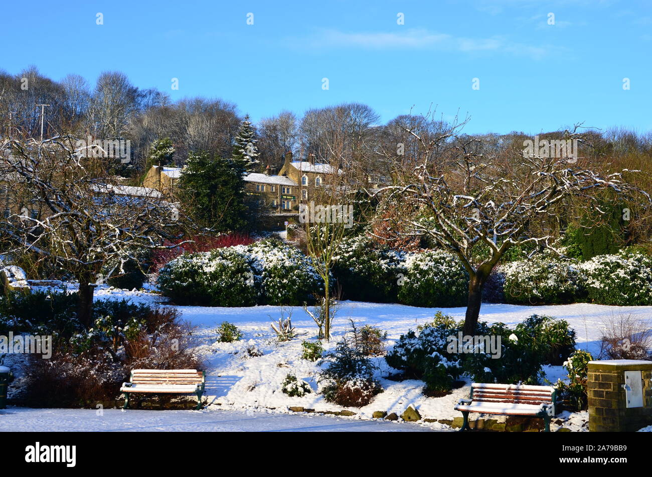 Central Park and 'The Fleece', Haworth, in the snow, Bronte country Stock Photo