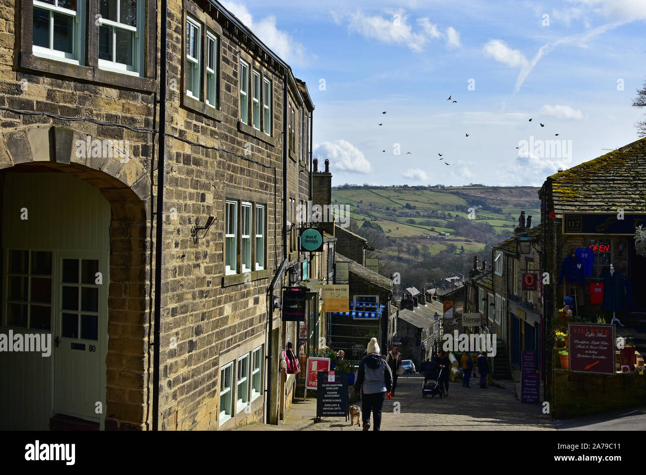 Haworth Main Street, in Spring, West yorkshire Stock Photo
