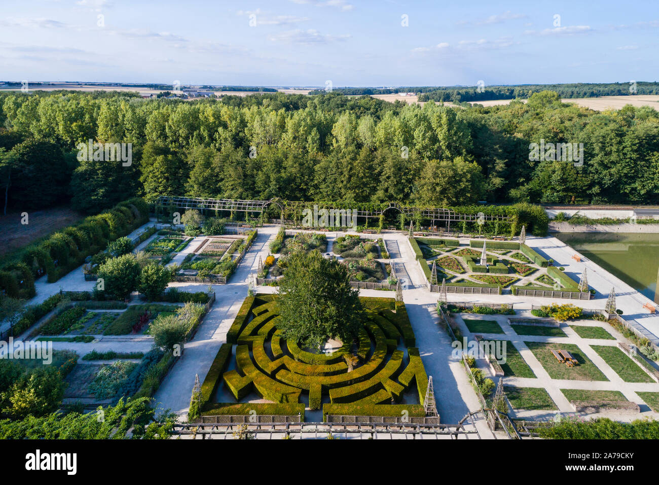 France, Loiret, Chilleurs aux Bois, Chateau de Chamerolles Park and Gardens, the Jardin Renaissance (aerial view) // France, Loiret (45), Chilleurs-au Stock Photo
