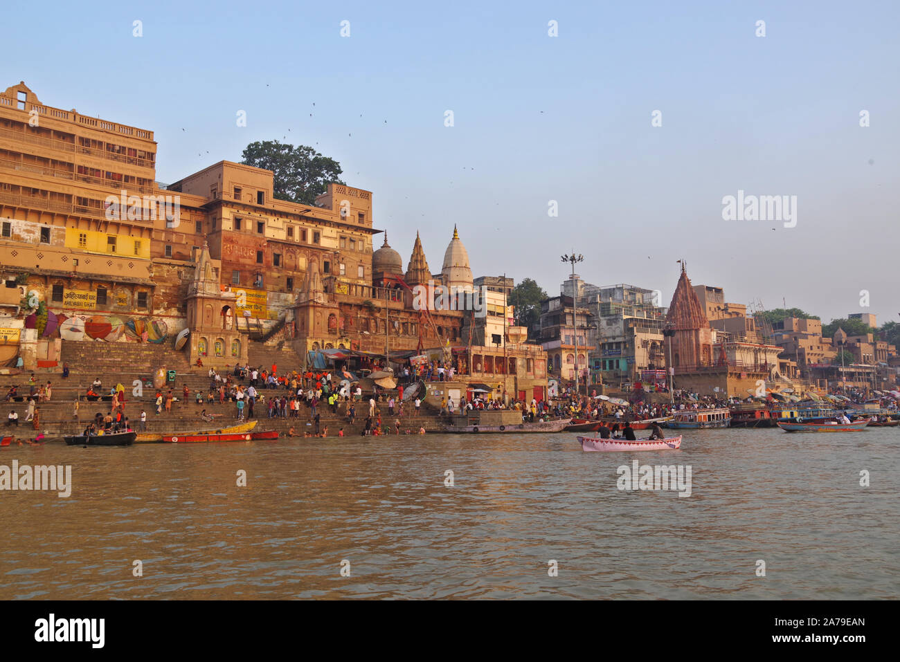 Early morning scenes at the river Ganges in Varanasi in India Stock Photo