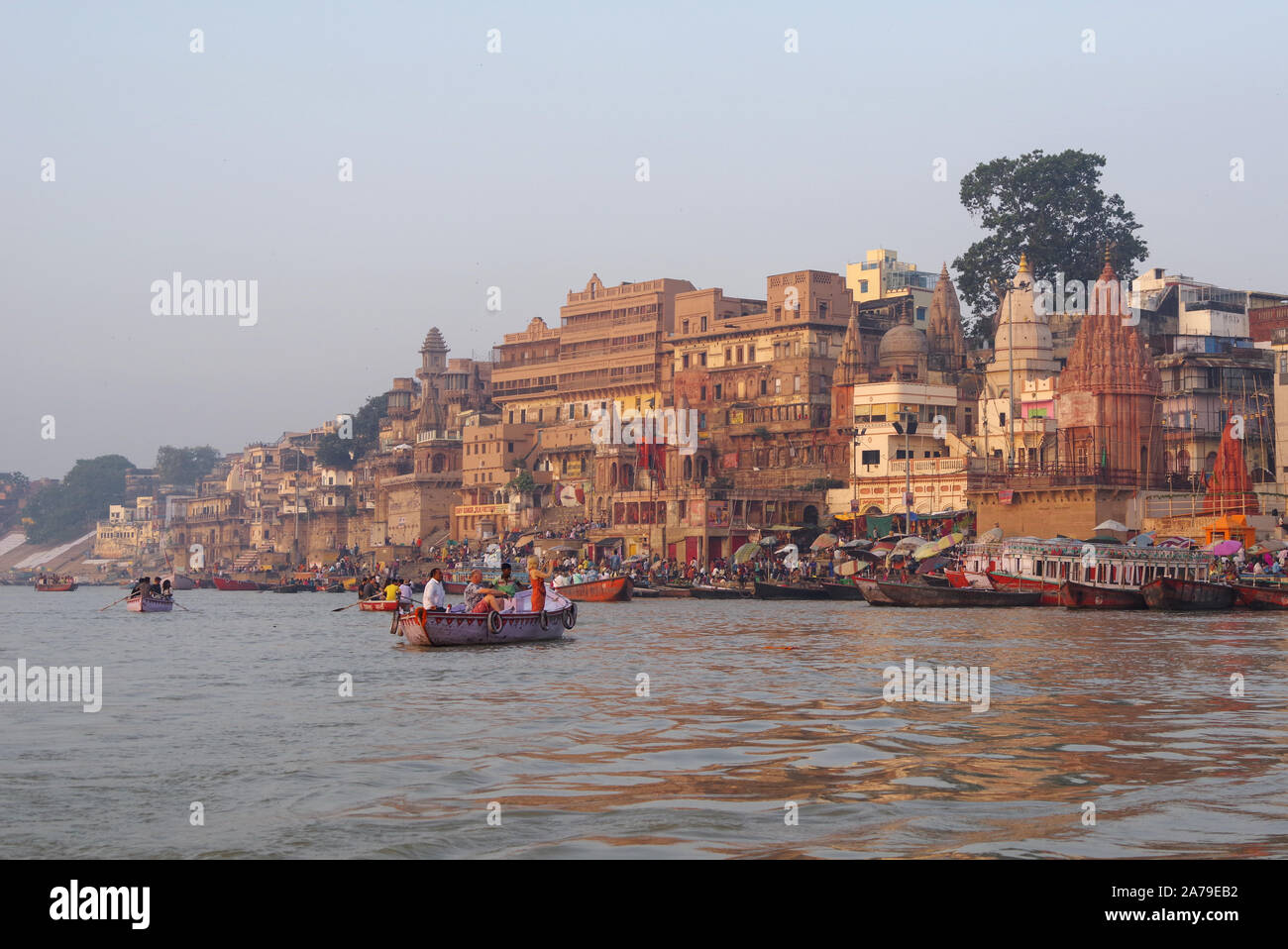 Early morning scenes at the river Ganges in Varanasi in India Stock Photo
