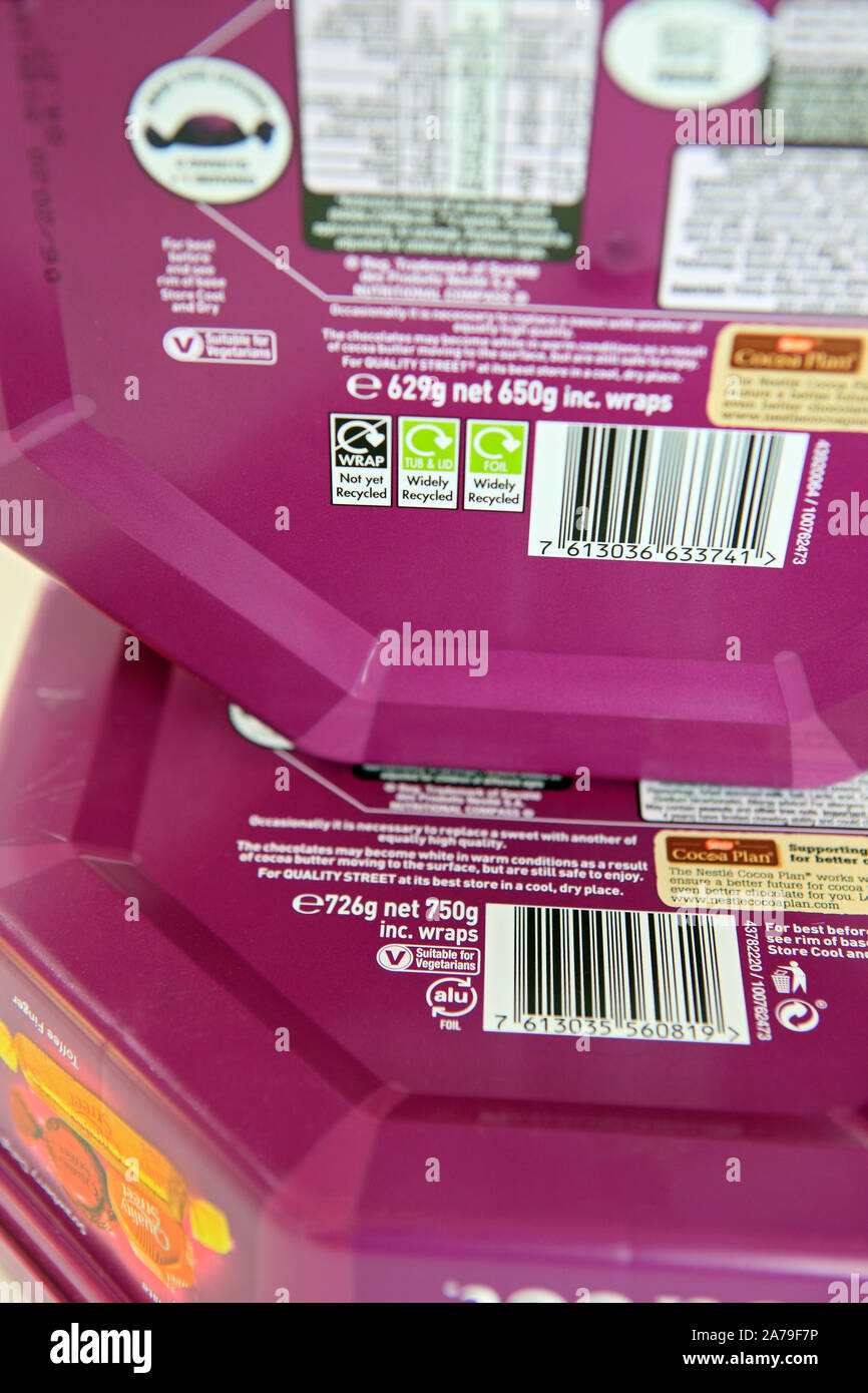 Reduction in product weight whilst packaging and price stays the same - Quality Street chocolates weight reduced from 726g to 629g net weight Stock Photo