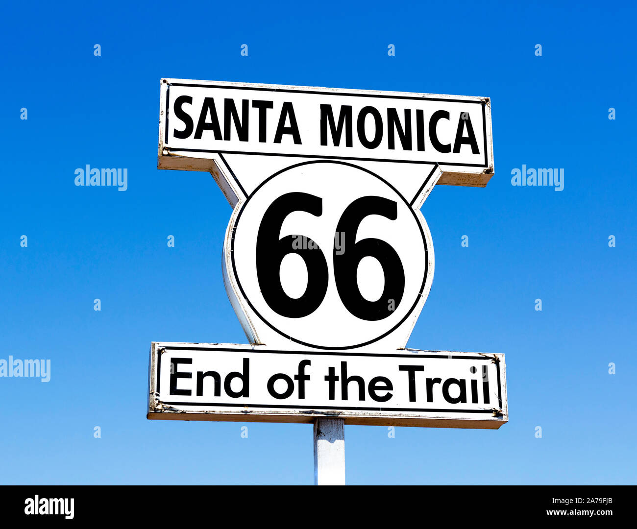 Sign for the end of Route 66 on Santa Monica Pier, Santa Monica, Los Angeles, California, USA Stock Photo