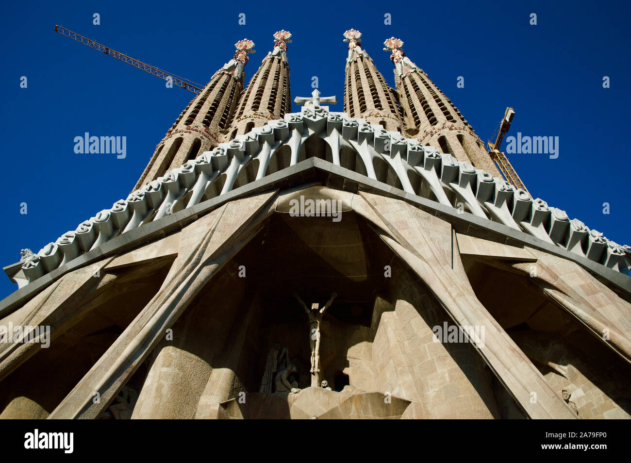 The passion facade of La Sagrada Familia in Barcelona, Spain Stock Photo
