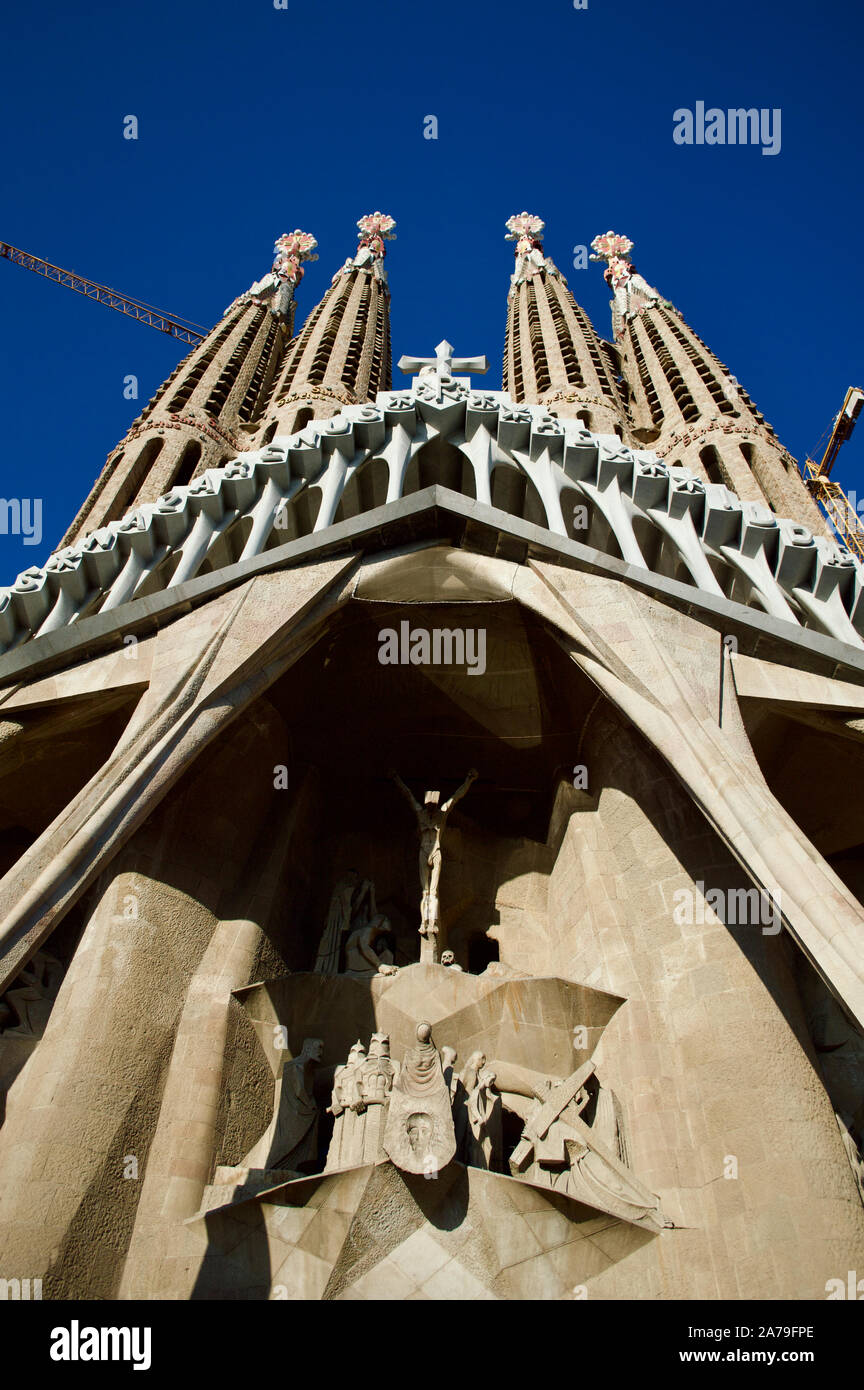 The passion facade of La Sagrada Familia in Barcelona, Spain Stock Photo