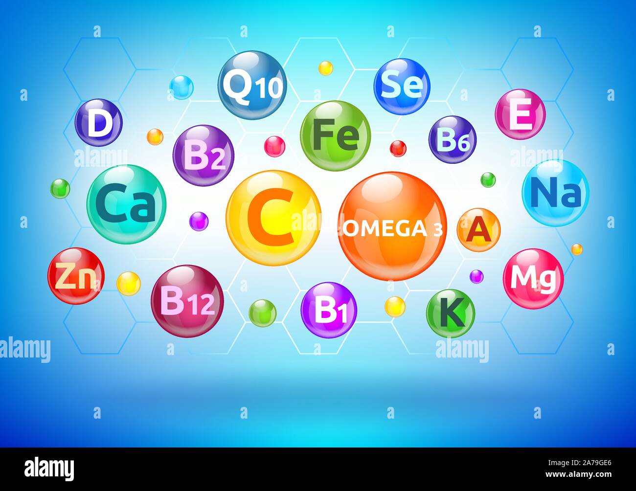 Vitamin and mineral complex, colorful bubbles, balls with letters Stock Vector