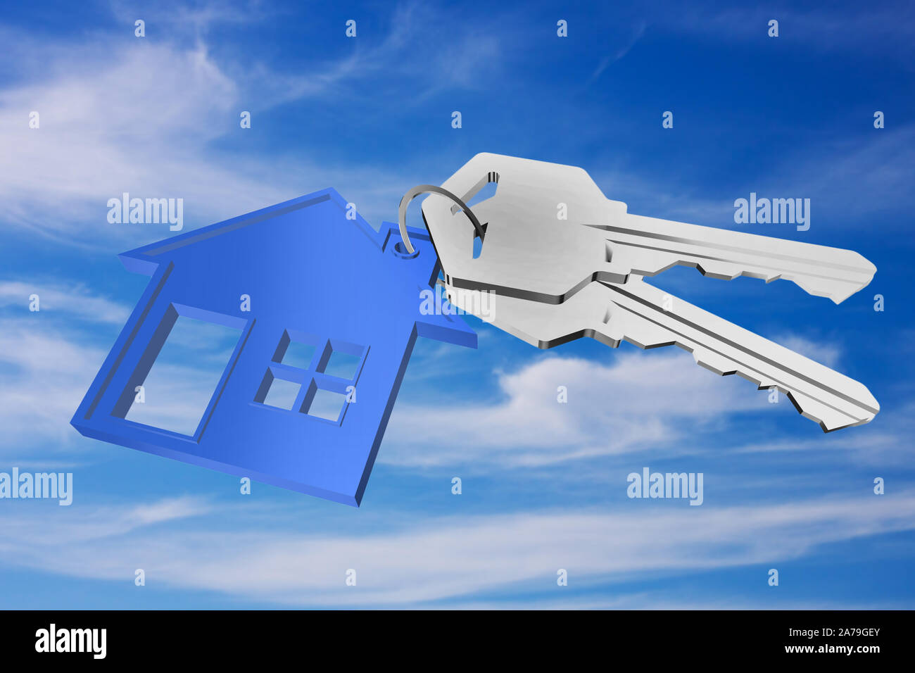 3D key ring with house pendant on sky background Stock Photo