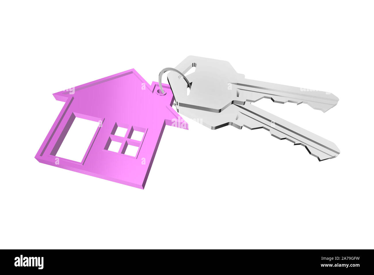 3D key ring with house hanger on white background Stock Photo