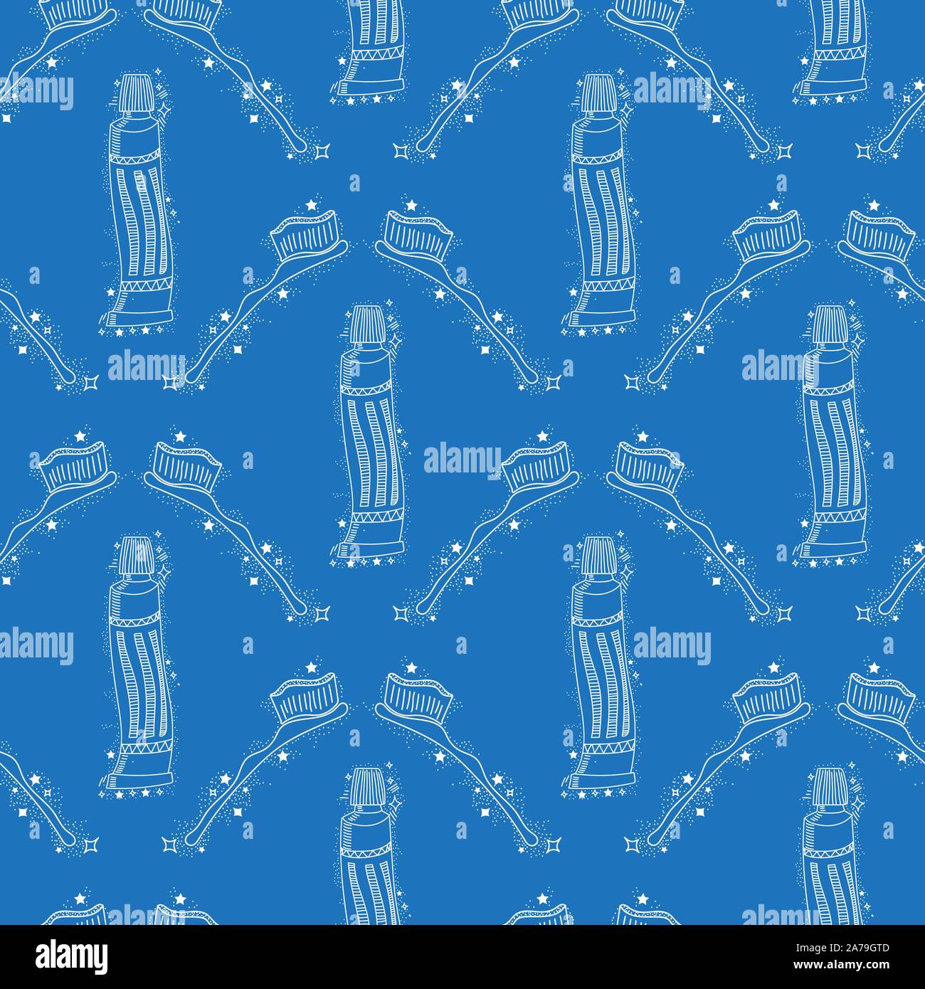 Doodle Medical Seamless Pattern with Toothbrush on Blue Background. Oral Hygiene Concept. Cleaning of Oral Cavity Stock Vector