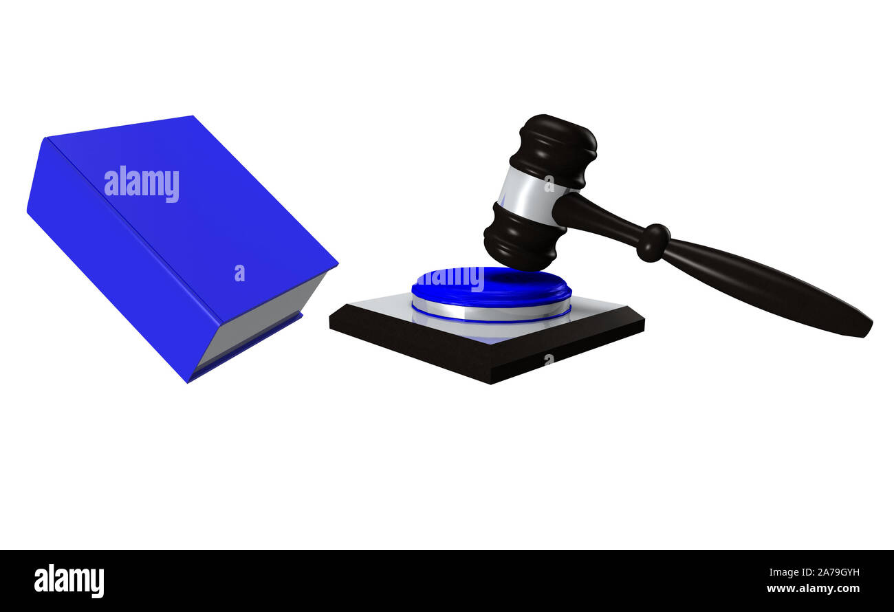 3D Illustration Law book with judge's hammer on white background Stock Photo