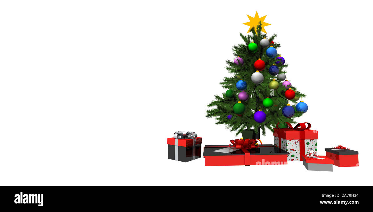Christmas tree with gifts on white background Stock Photo - Alamy