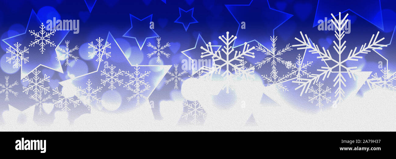 Blue, white Christmas background with bokeh, stars and snowflakes Stock Photo