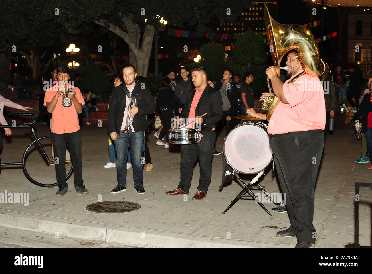 Los Angeles, California/USA - October 30, 2019: A traditional Mexican muscial group performs for the Olvera Street Day of the Dead celebration Stock Photo