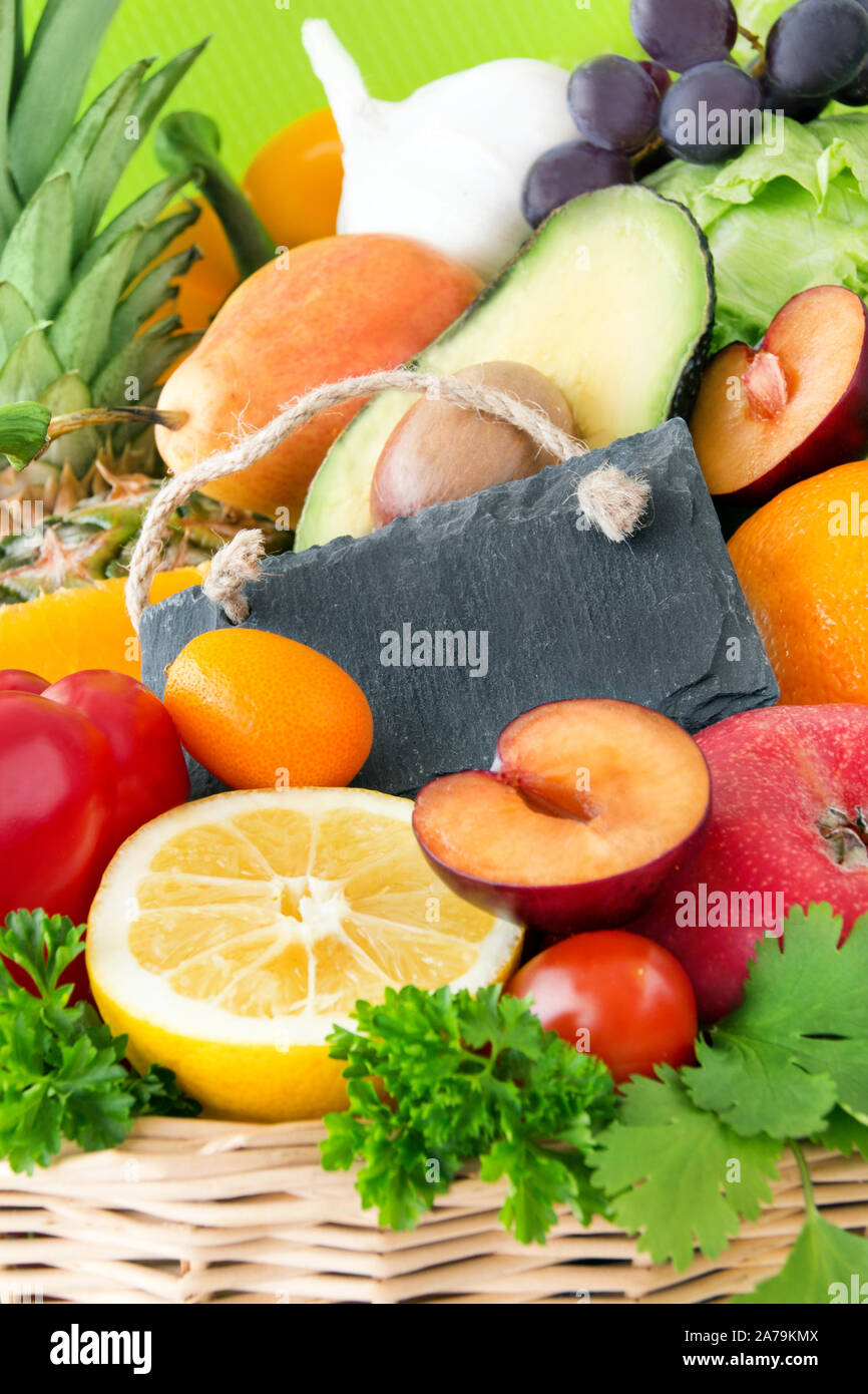 Vegetables and fruits with label Stock Photo Alamy