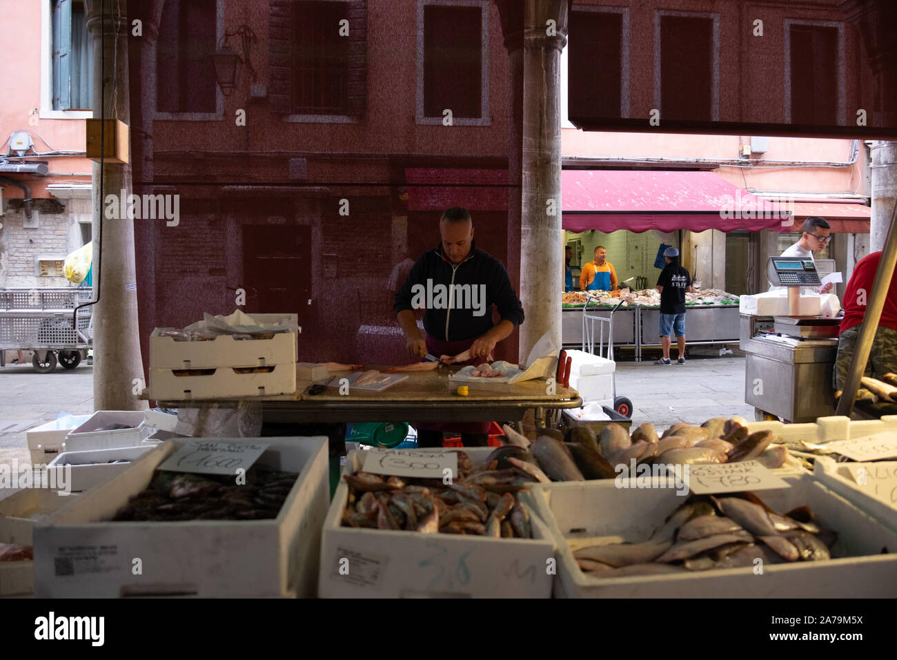Traditional fresh wet fish display on ice at the traditional fish