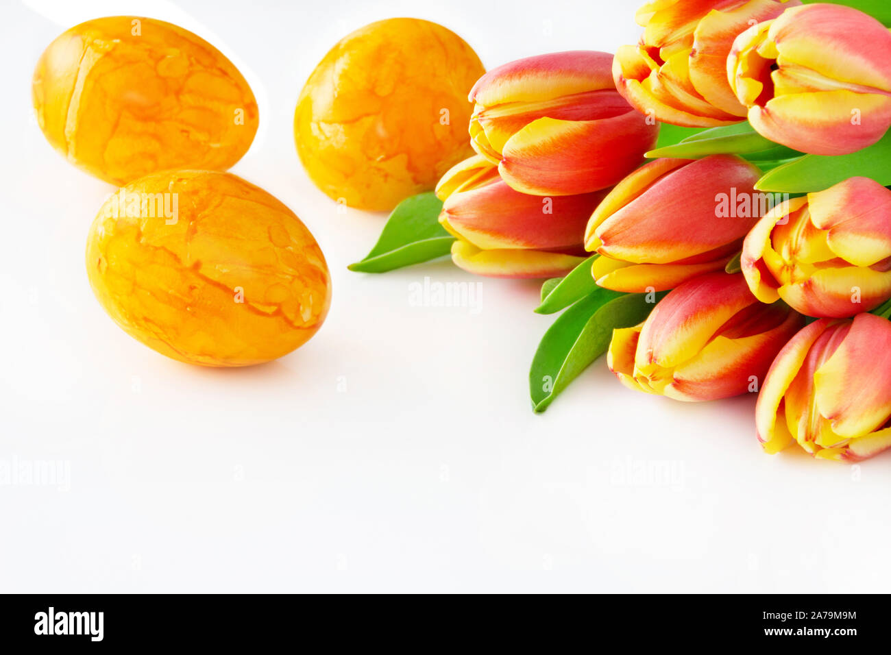 Tulips and yellow Easter eggs Stock Photo