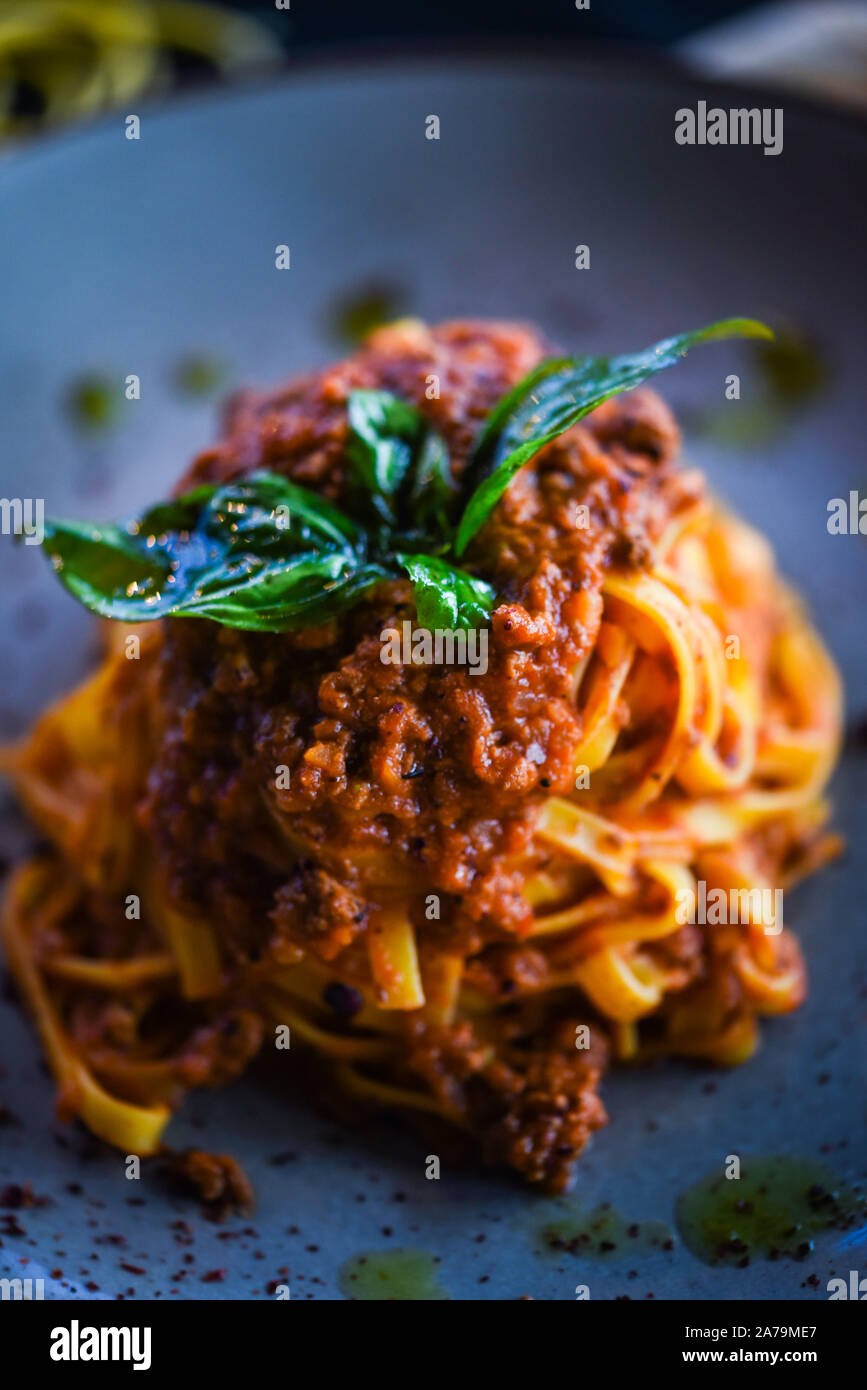 italian delicious bolognese spaghetti with fresh ingredients, meat & spices Stock Photo Alamy