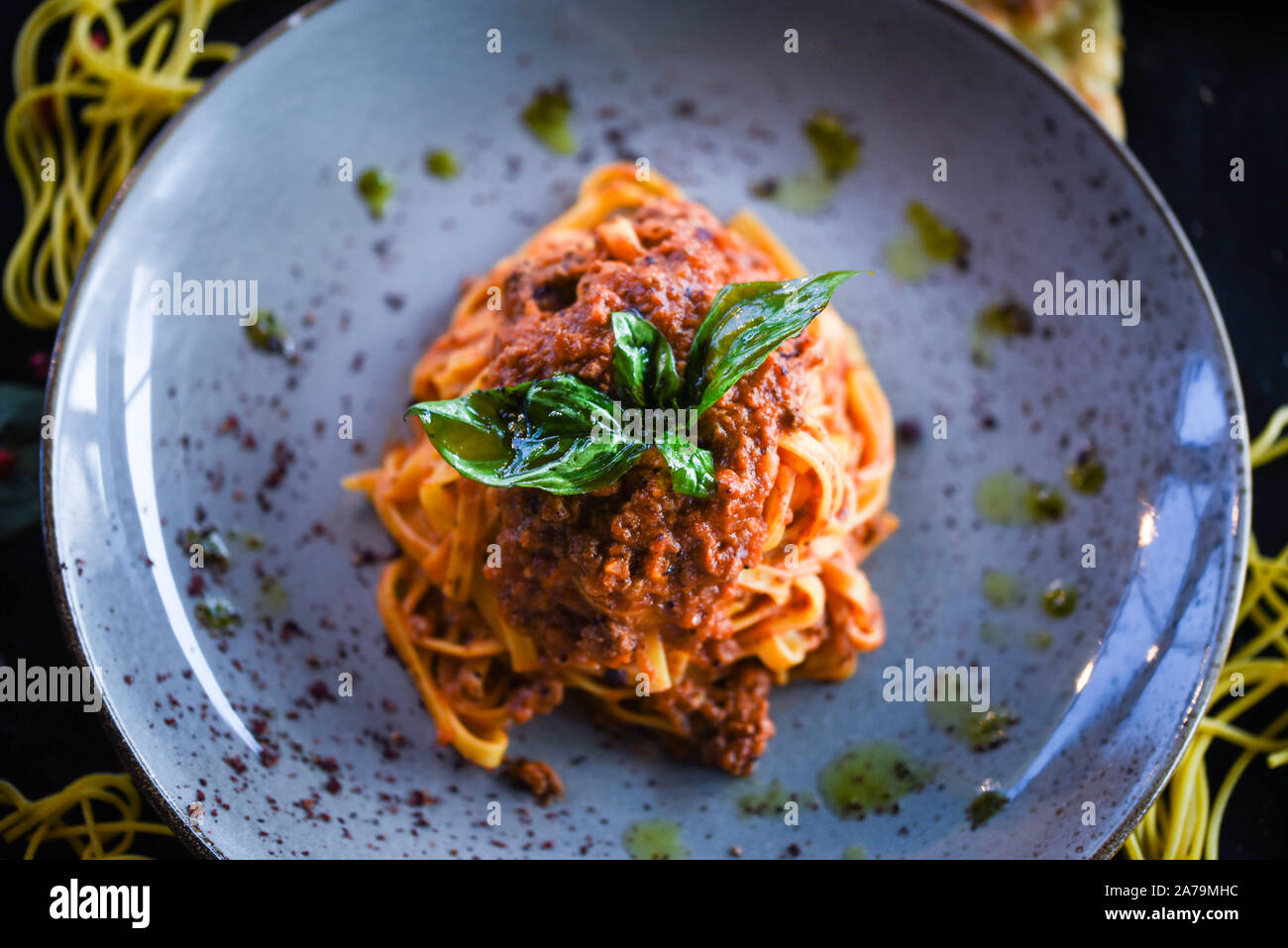 italian delicious bolognese spaghetti with fresh ingredients, meat