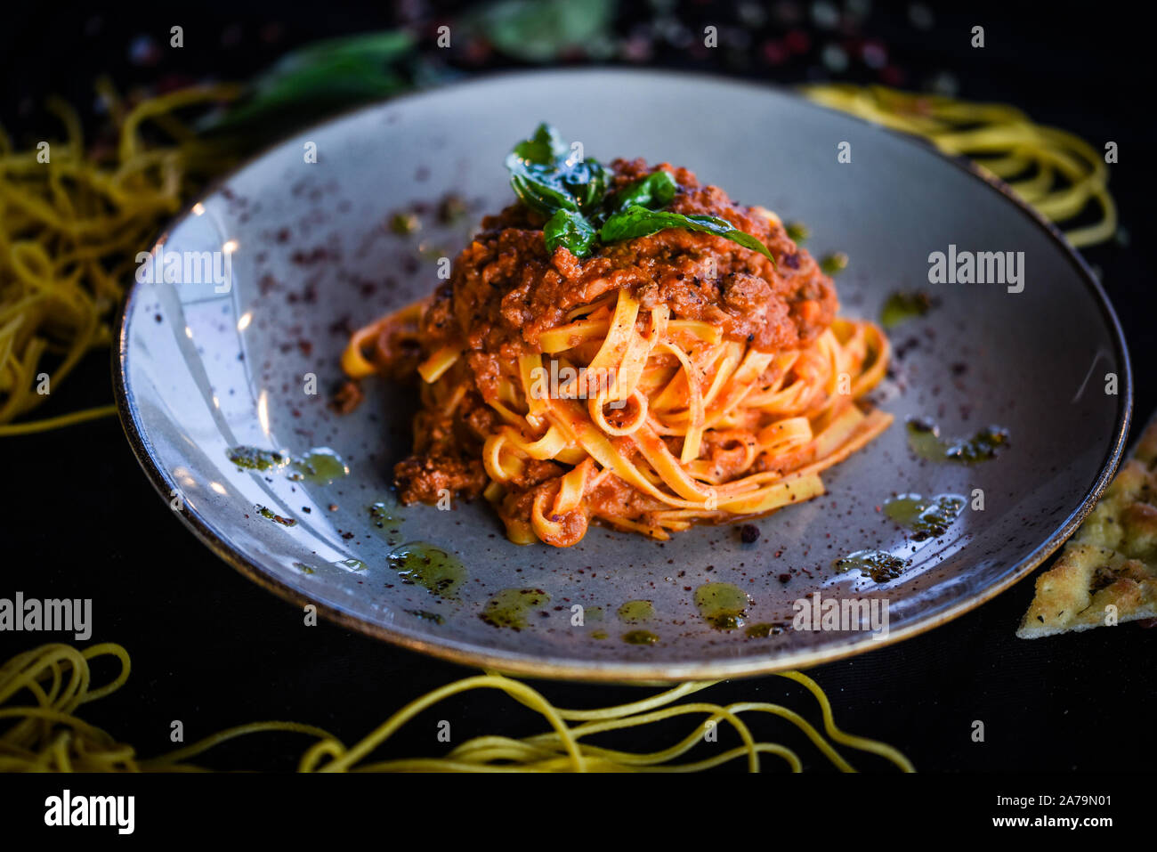 italian delicious bolognese spaghetti with fresh ingredients, meat