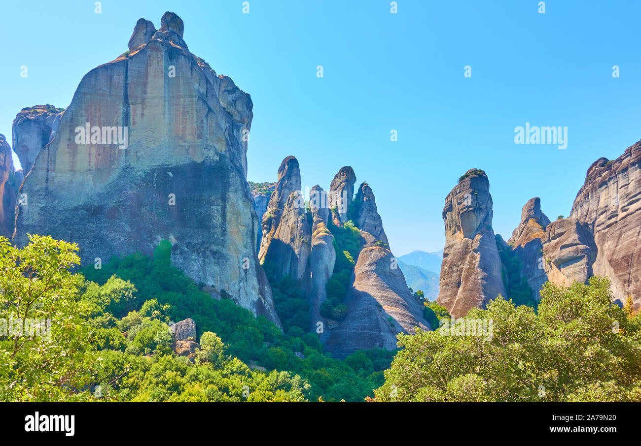 Landscape with rocks of Meteora, Greece -  Picturesque greek scenery with tall cliffs Stock Photo