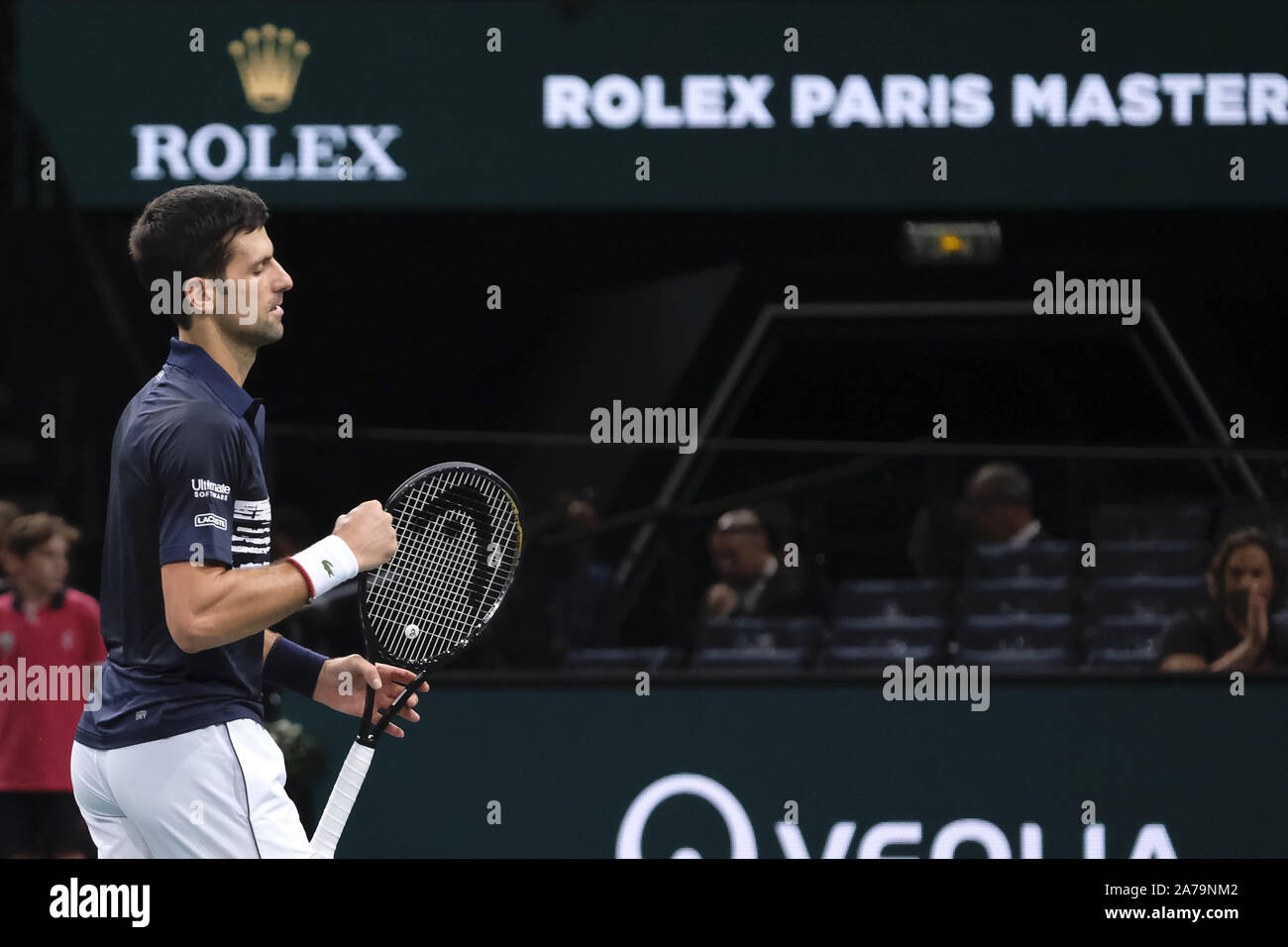 Paris, France. 31st Oct, 2019. Serbian player NOVAK DJOKOVIC returns the  ball to British player KILE EDMUND during the round of 16 of Rolex Paris  Masters 1000 tournament at Paris AccorHotel Arena
