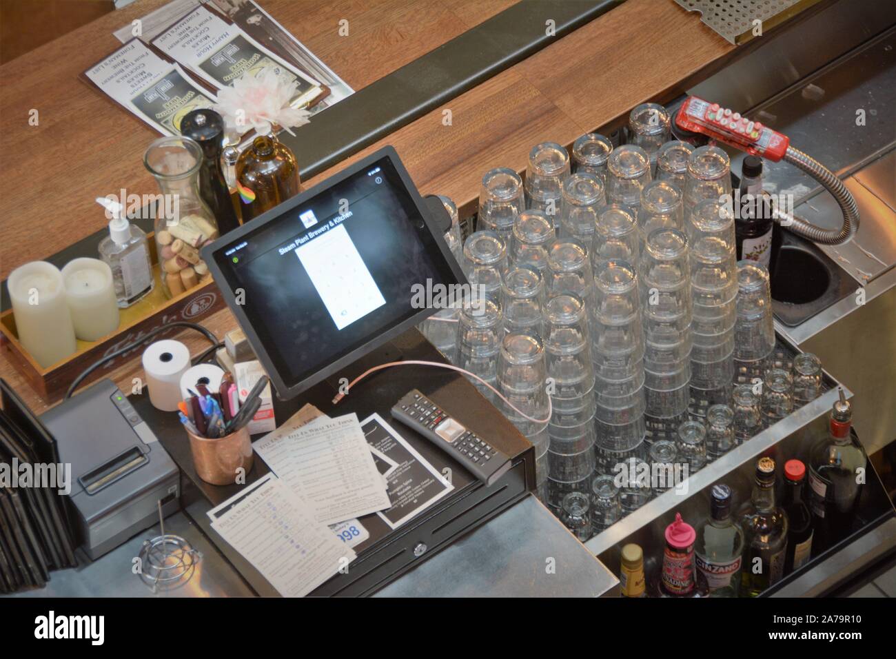 Restaurant bar setup for serving drinks with full service computer for record keeping of sales Stock Photo