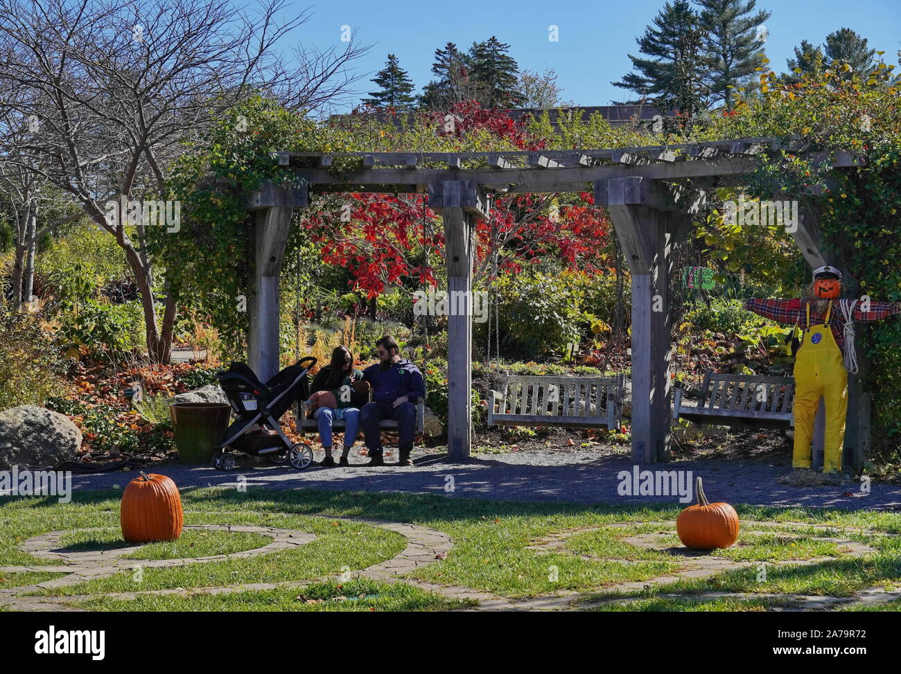 Boothbay, ME / USA - October 19, 2019: New couple spend time together with the baby on a swing in Coastal Maine Botanical Gardens Stock Photo