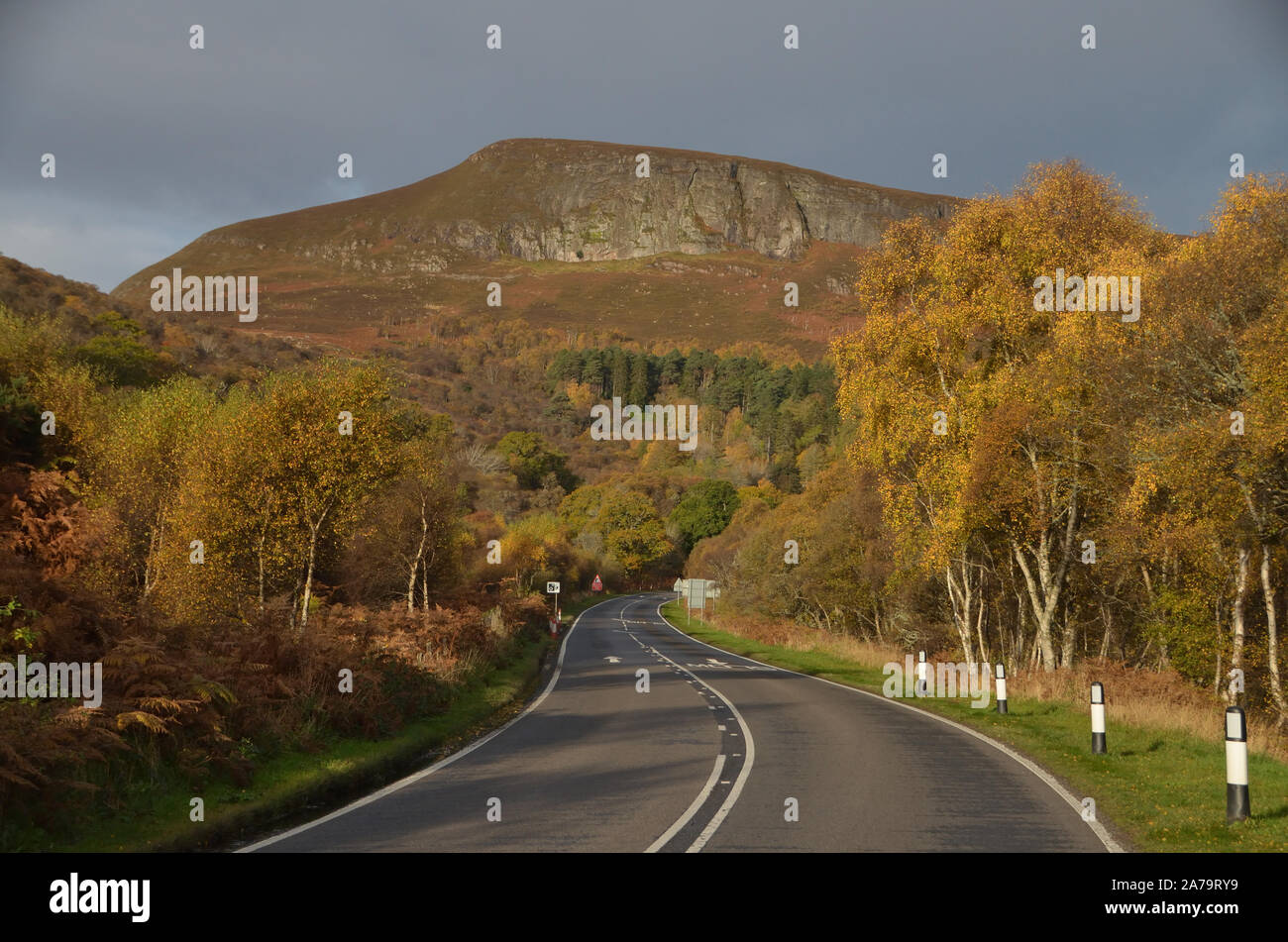 A scenic stretch of the A9 trunk road - part of the North Coast 500 route - at Cambusmore Bends, near Dornoch, in the Scottish Highlands, UK Stock Photo