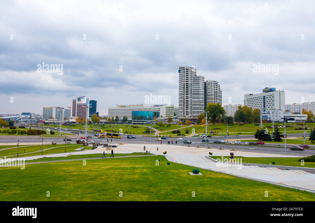Minsk, Belarus - October, 13, 2019: View of Winners Avenue or Pobediteley Avenue in district Nemiga or Nyamiha in Minsk, Belarus Stock Photo