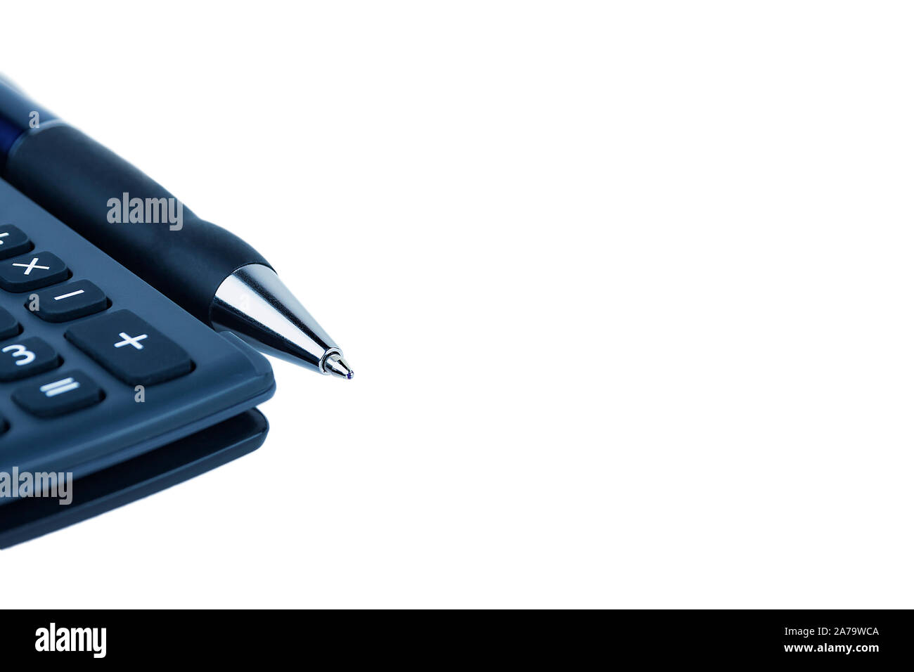 automatic pen and calculator on a white background, close up. Stock Photo