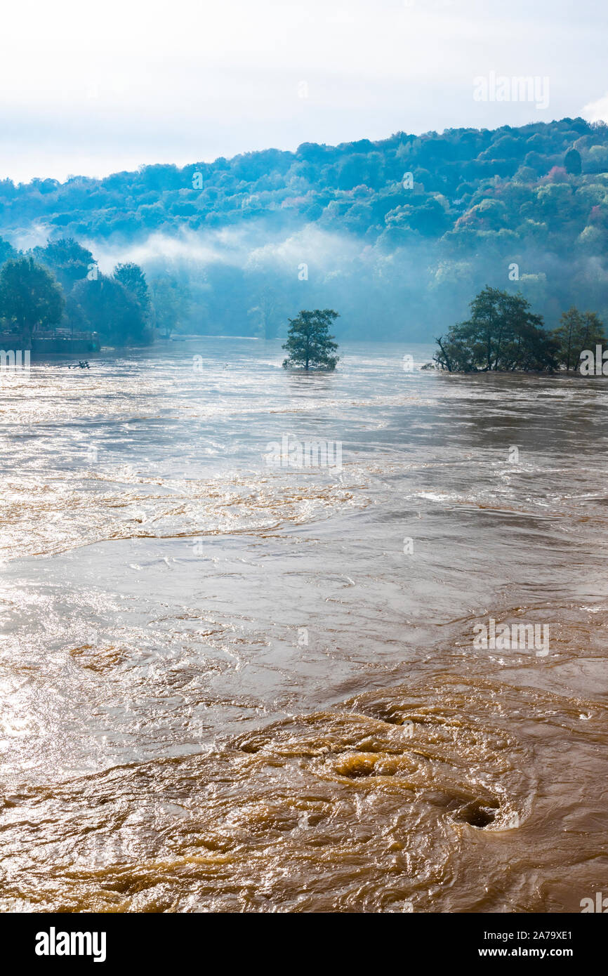 The muddy, silty waters of the River Wye in flood on 28.10.2019 at Kerne Bridge, Herefordshire UK - The flooding was caused by heavy rain in Wales. Stock Photo