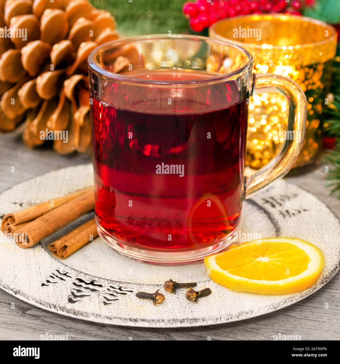 Mulled wine with christmas decoration Stock Photo