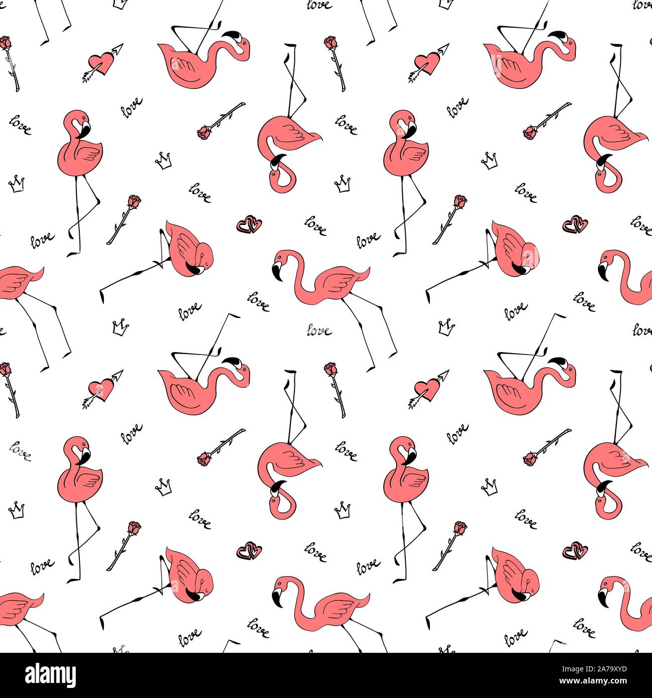 Seamless pattern with hand drawn pink flamingos on white background ...