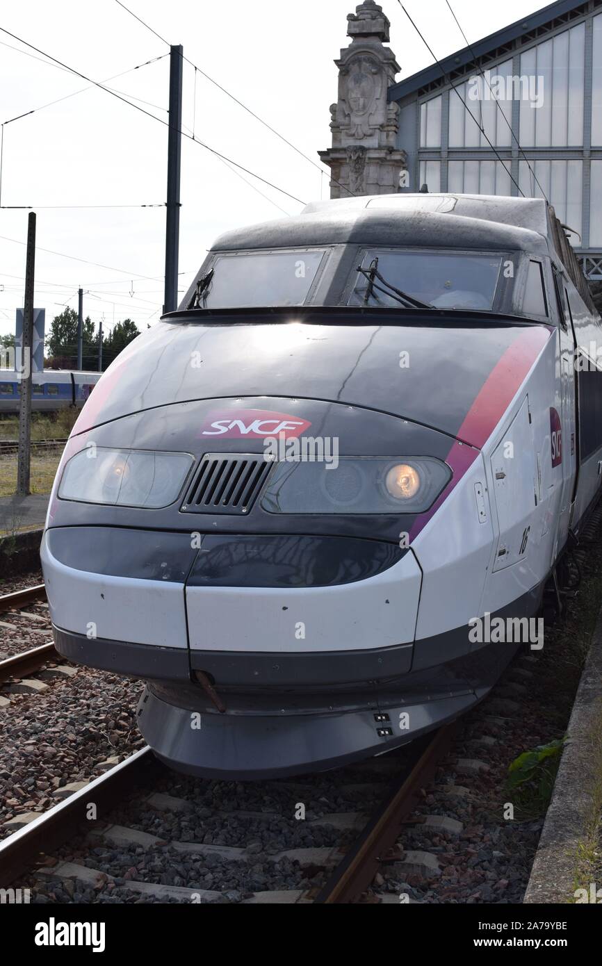 TGV train in La Rochelle station, France. Stock Photo