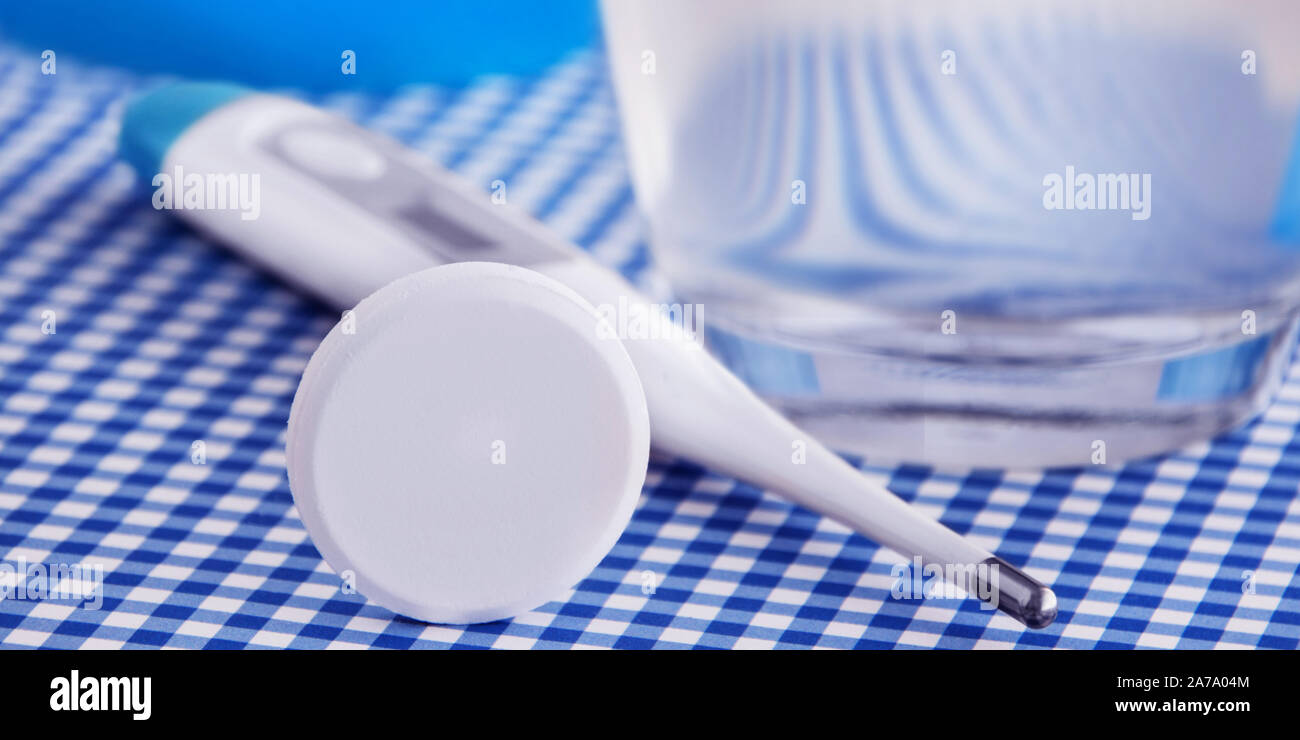 Medicine and Thermometer Vitamins close up Stock Photo