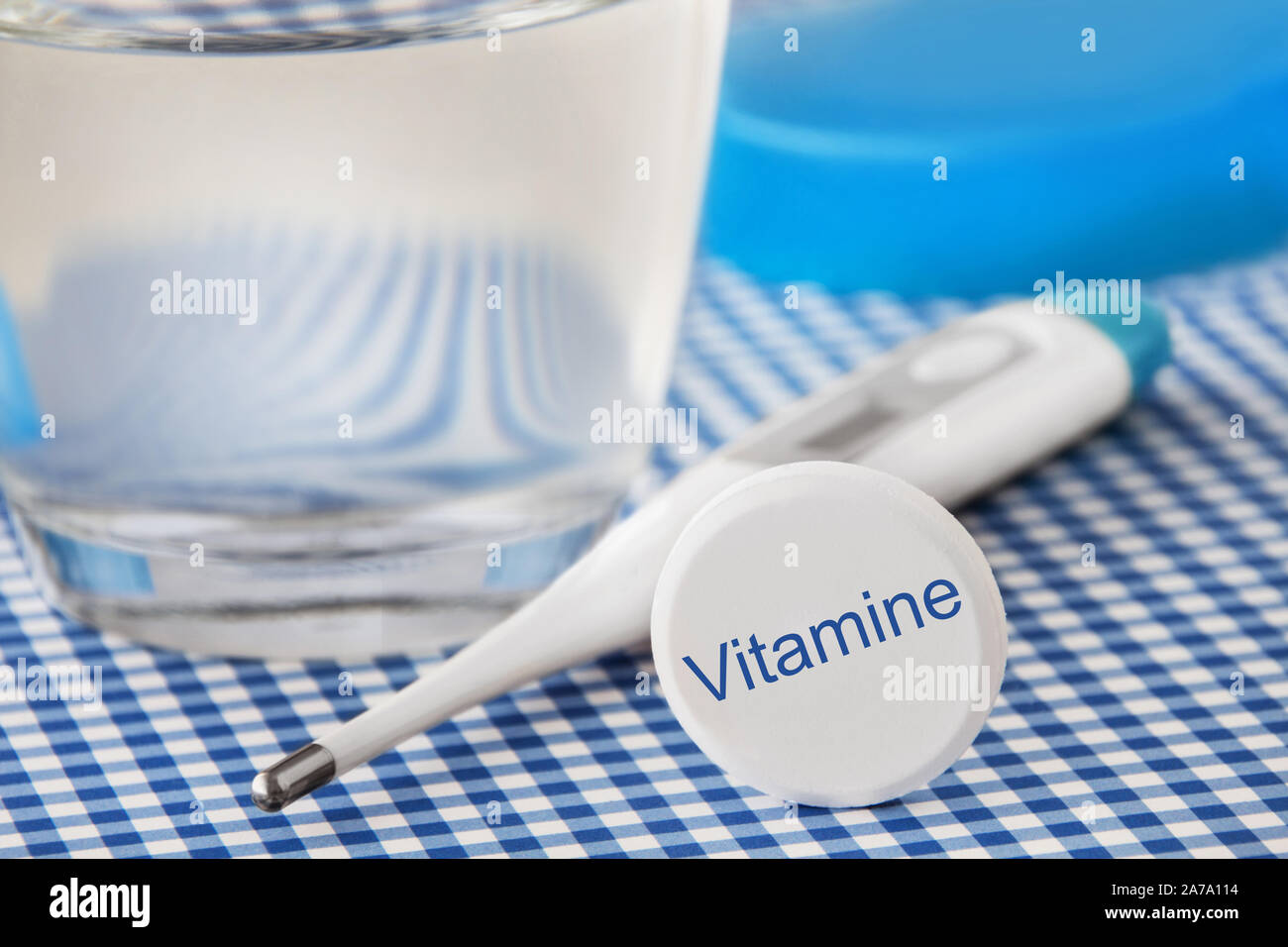 Medicine and Thermometer Vitamins close up Stock Photo
