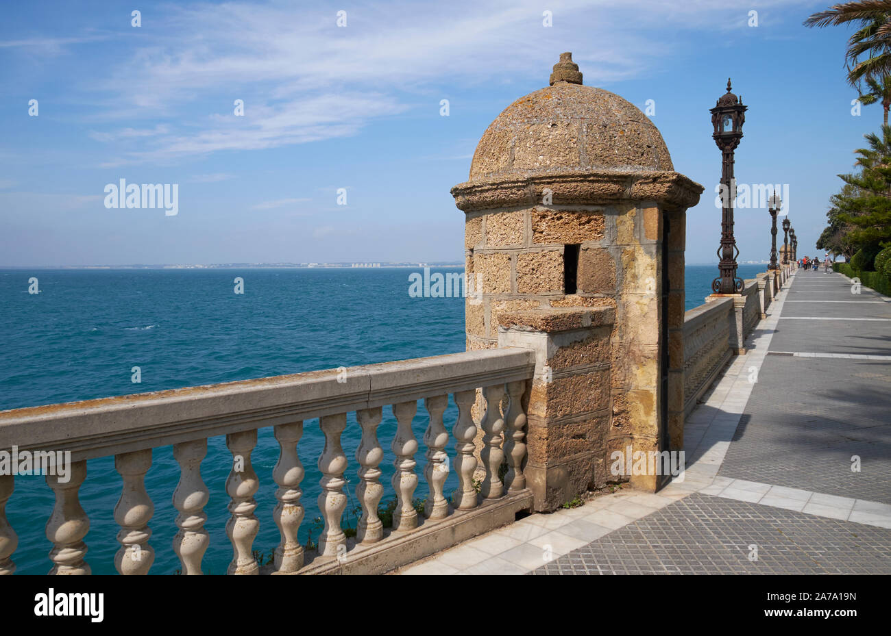 One of the many distinctive bartizans (sentry boxes) on the coastal walls of Cadiz, Andalasia, Spain. Stock Photo