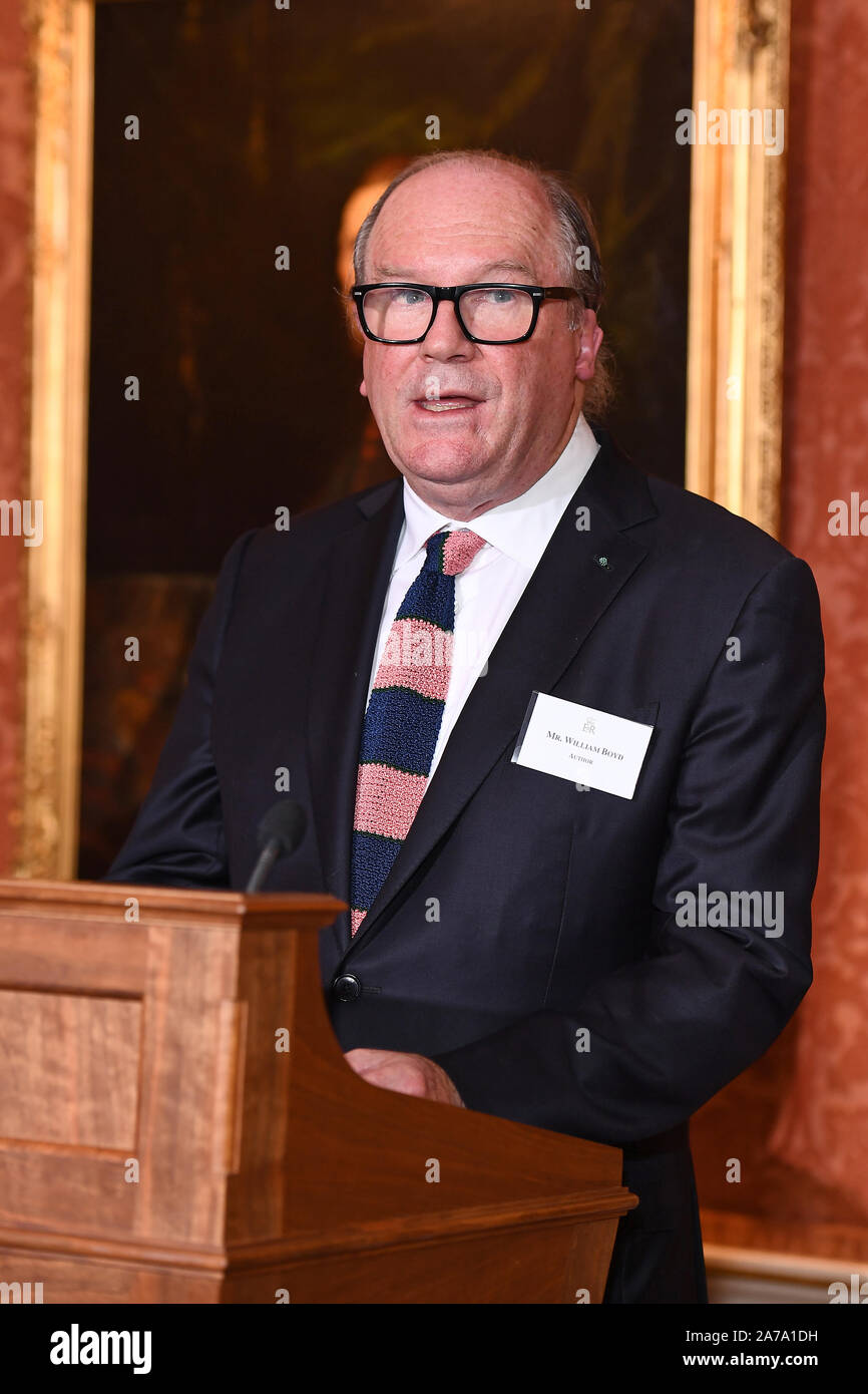 Author William Boyd, speaking during a reception for winners of the Queen's Commonwealth Essay Competition at Buckingham Palace in London. Stock Photo