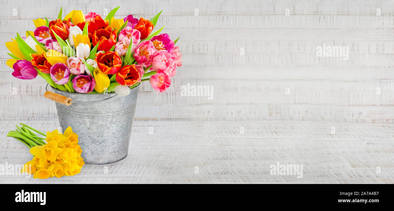 Spring tulips and daffodils with bucket and decoration on wood Stock ...