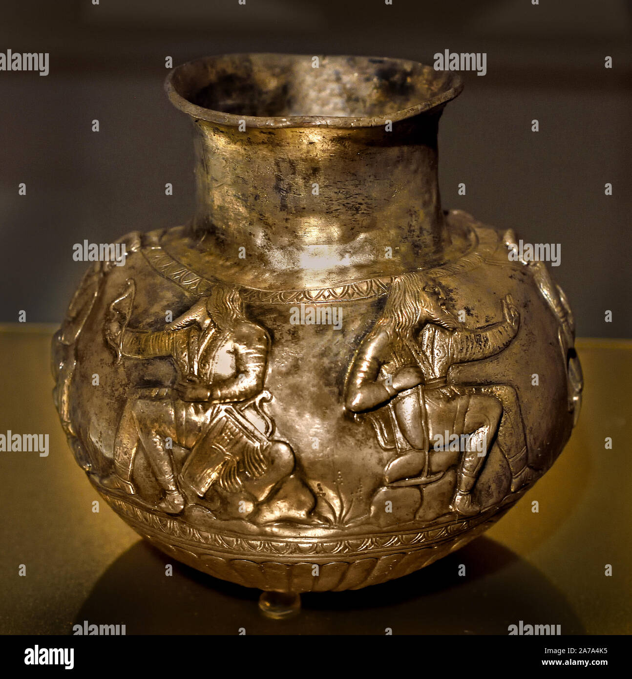 Cultic vessel (silver) with Scythians from Voronezh Oblast, Central Russia, 4thc BC,  Hermitage Museum ( The scene depicted myths and legends about the origins of the Scythian kings, Hermitage, Don Basin  Russia, Russian. Stock Photo