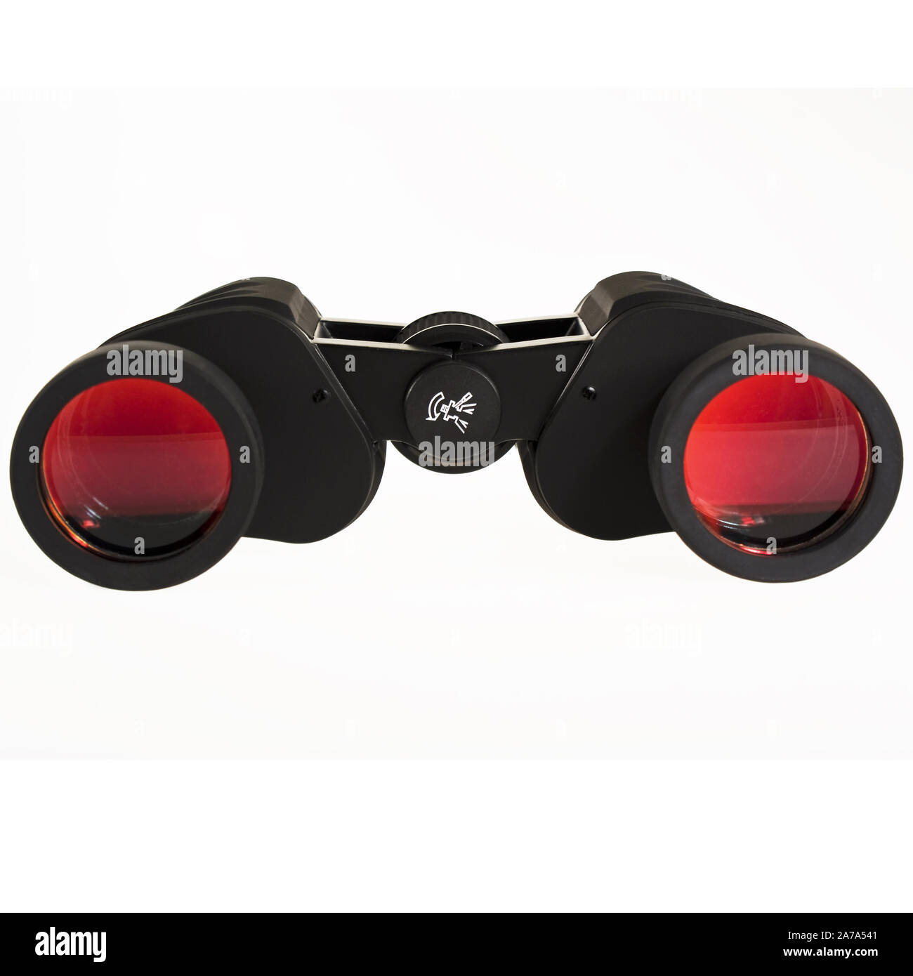 Binoculars with red lenses on white background Stock Photo Alamy