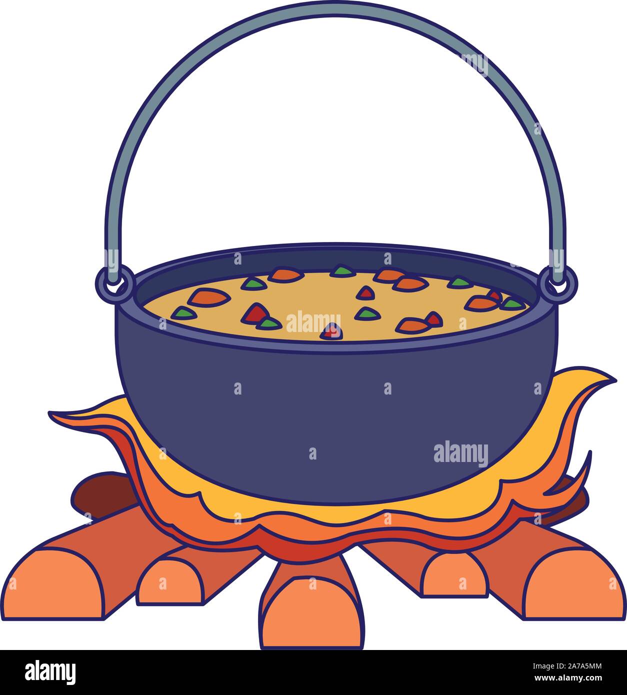 Camping pot over bonfire icon, flat design Stock Vector