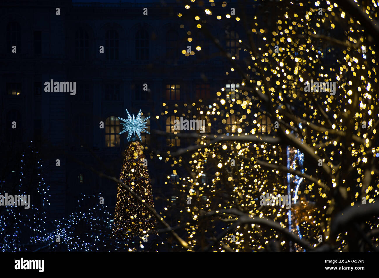 The Christmas Market in Bucharest, Romania showcases festive lights and displays. Stock Photo