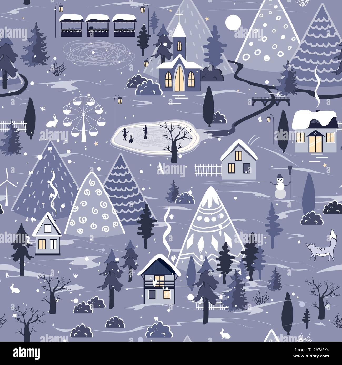 Winter seamless pattern with night landscape with village and church in the woods. Beautiful Christmas Nature with City in the Mountains. Vector Stock Vector